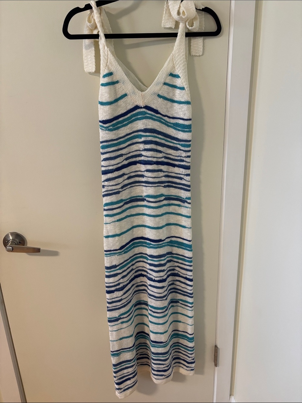 Greylin White Knit Maxi Dress with Blue & Teal Stripes
